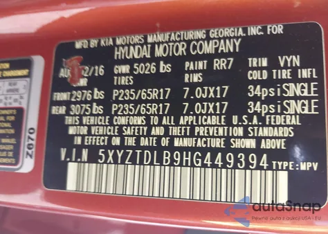 2017 Hyundai Santa Fe Sport 2.4L from USA, damaged, VIN 5XYZTDLB9HG449394